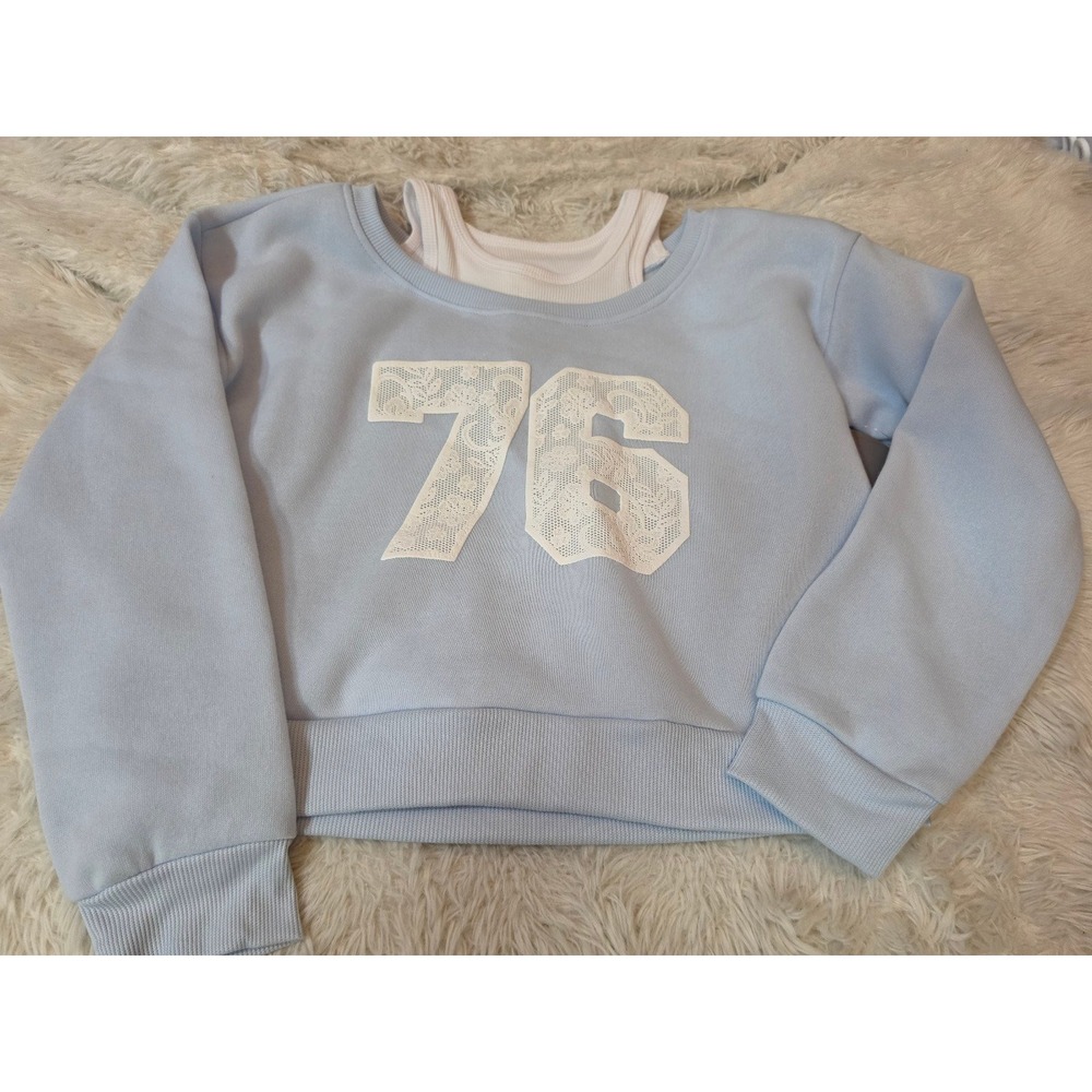 NWT No Comment Girls Light Blue Cropped Sweatshirt Set Lace 76 - Size 14